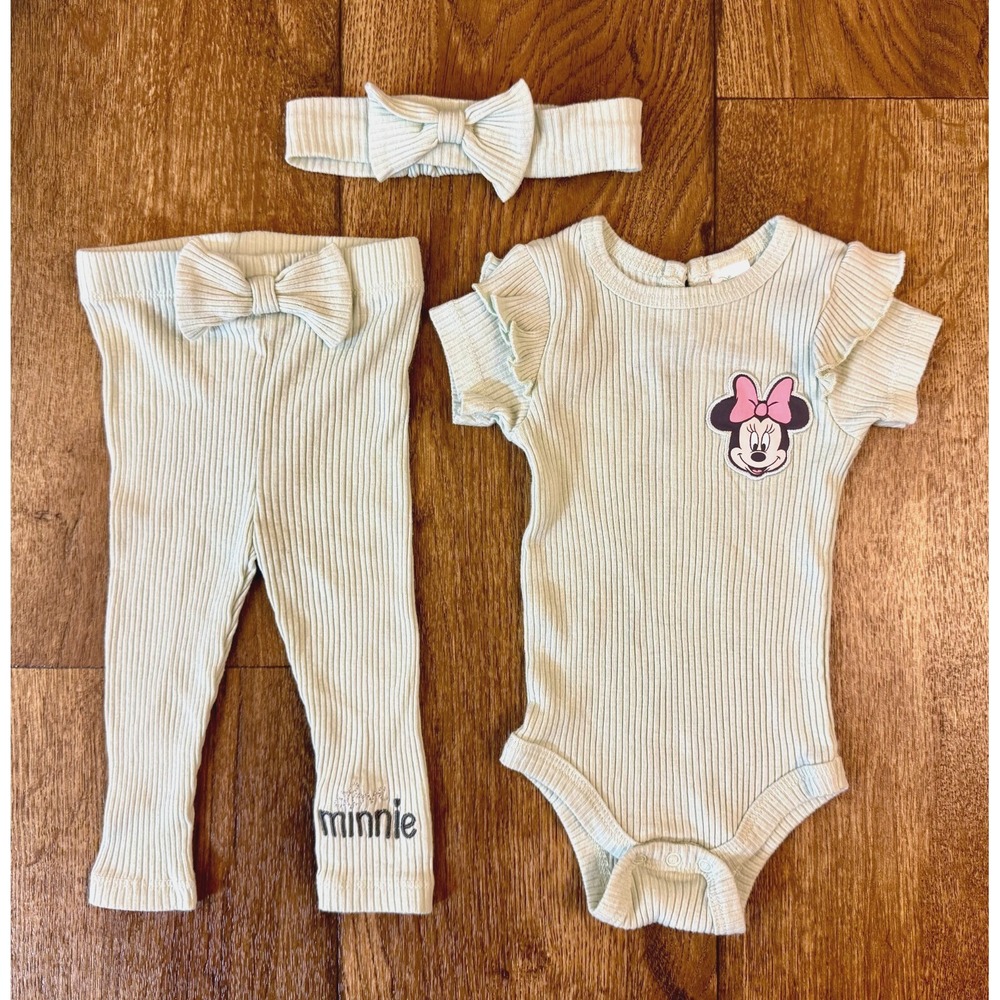 Disney Baby Minnie Mouse 3/6 Months 3 Piece Outfit Green Shirt Pants Headband